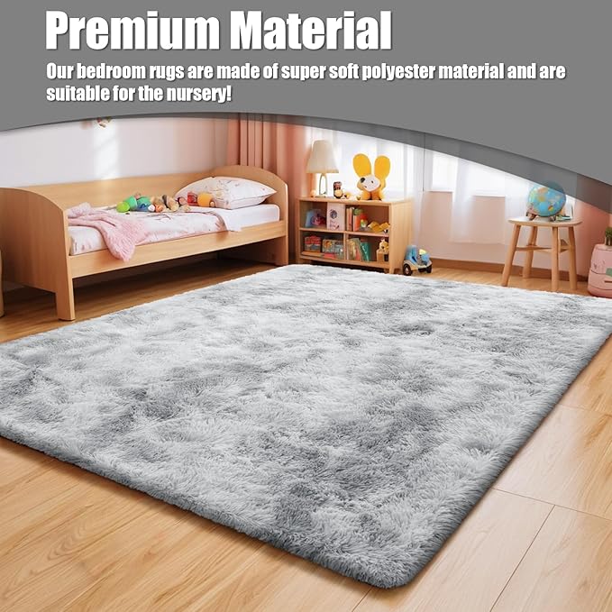 Ultra Soft Fluffy Area Rugs for Bedroom Living Room 10x14, Nursery Rug, Non-Slip Carpet for Kids Dorms Decor, Shaggy Bedside Rug, Tie-Dyed Light Grey