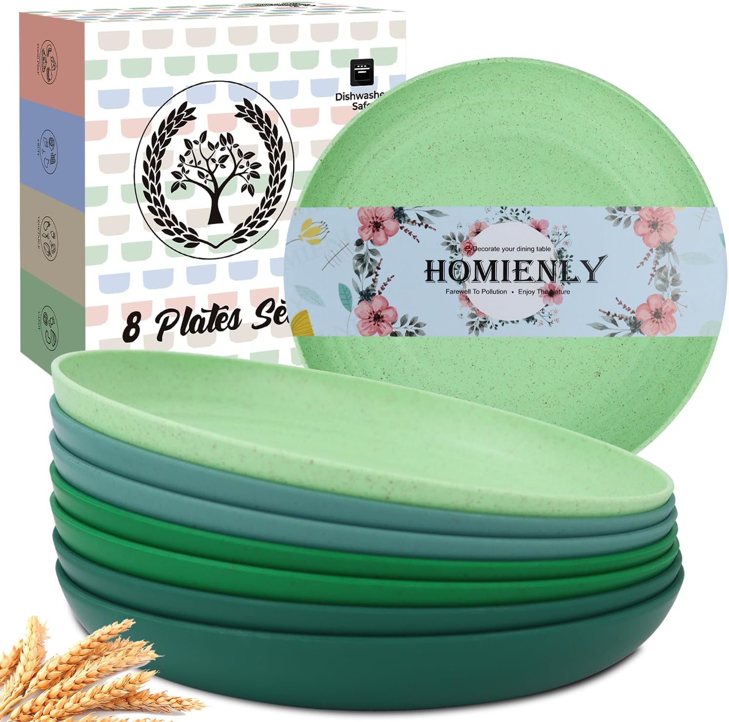 Homienly Dessert & Salad Set - Unbreakable Wheat Straw Plates, 8-10 inch, Reusable (Green Series)
