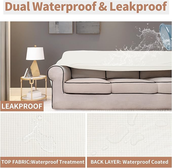 Easy-Going 100% Waterproof Oversized Chair Couch Cover, Dual Waterproof Sofa Cover, Stretch Jacquard Sofa Slipcover, Leakproof Furniture Protector for Kids, Pets, Dog and Cat, Cream