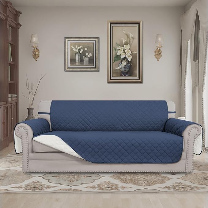 Easy-Going Reversible Couch Cover for 3 Cushion Couch Sofa Cover for Dogs Water Resistant Furniture Protector Cover with Foam Sticks Elastic Straps for Pet Cat (Sofa, Dark Blue/Ivory)