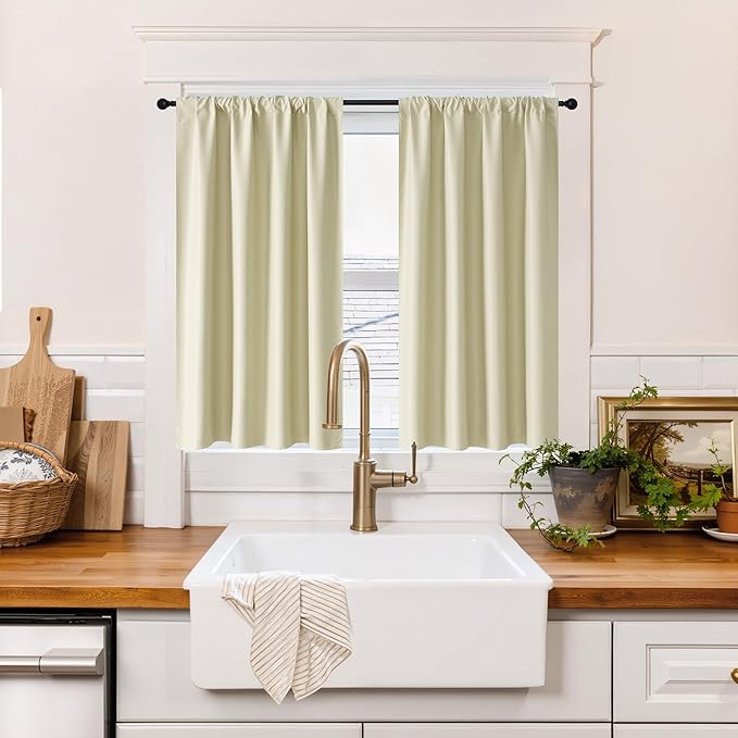 RYB HOME 100% Blackout Short Curtains for Small Window, Thermal Insulated Total Room Darkening Noise Reducing Curtains for Basement Bathroom Basement, 29 inches Wide by 45 inches Long, Beige