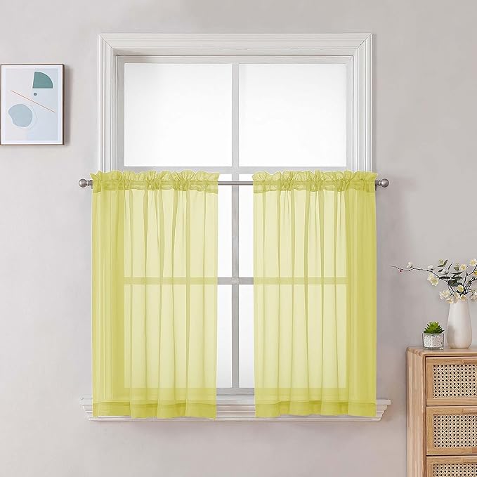 Chyhomenyc Sheer Curtains 36 inch Length 2 Panels Set, Light Filtering Voile Rod Pocket Short Window Curtians for Bathroom Living Room Farmhouse Small Windows, Each 42Wx36L in, 2PCS, Lemon
