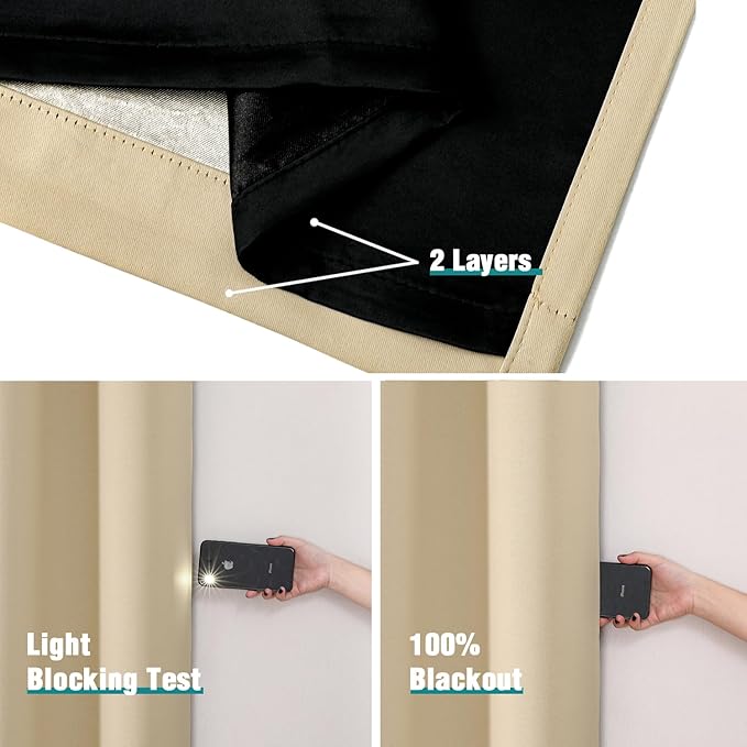 ChrisDowa 100% Blackout Curtains 90 inch Long for Bedroom with Black Liner, 2 Thick Layers Total Blackout Thermal Insulated Grommet Long Window Curtains 2 Panels Set (Beige, 52 x 90 Inch)