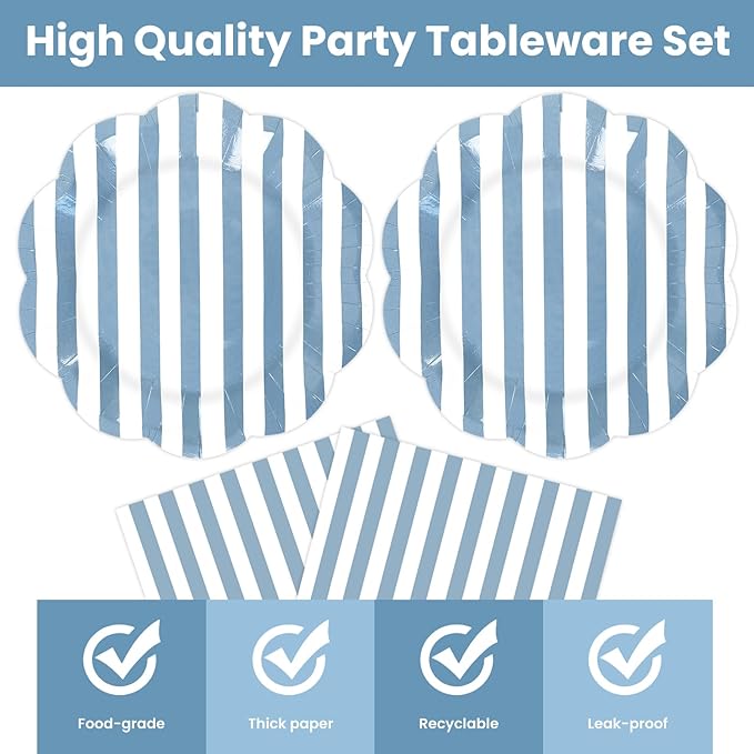 50PCS Blue Striped Paper Plates and Napkins Party Supplies, Blue and White Scalloped Party Plates and Napkins Tableware Set for Birthday Bridal & Baby Shower Wedding Party Decoration