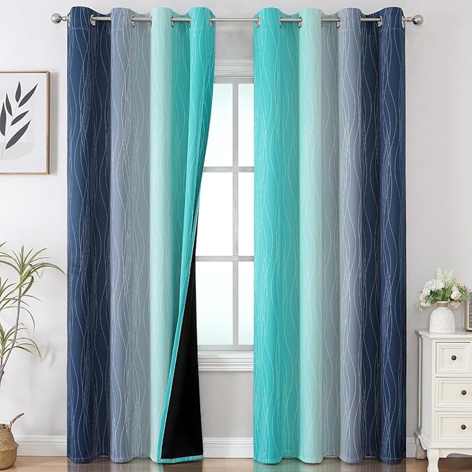 Estelar Textiler Navy Blue and Teal Ombre Blackout Curtains 90 Inches Long 2 Panels for Living Room, Thermal Insulated Drapes for Bedroom, Full Room Darkening Grommet Curtains for Sliding Door,52Wx90L