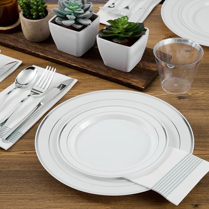 FOCUSLINE 600 Ct Silver Dinnerware Set for 100 Guests - Silver Rimmed Disposable Plastic Plates, Includes 100 Dinner & Salad Plates, Cups, Cutlery Set for Wedding Parties