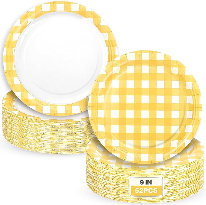 52 Pcs Yellow Gingham Party Plates - 9 Inch Checkered Plaid Dessert Plates Disposable Yellow and White Paper Plate - For Picnic BBQ Birthday Dinner Party Supplies