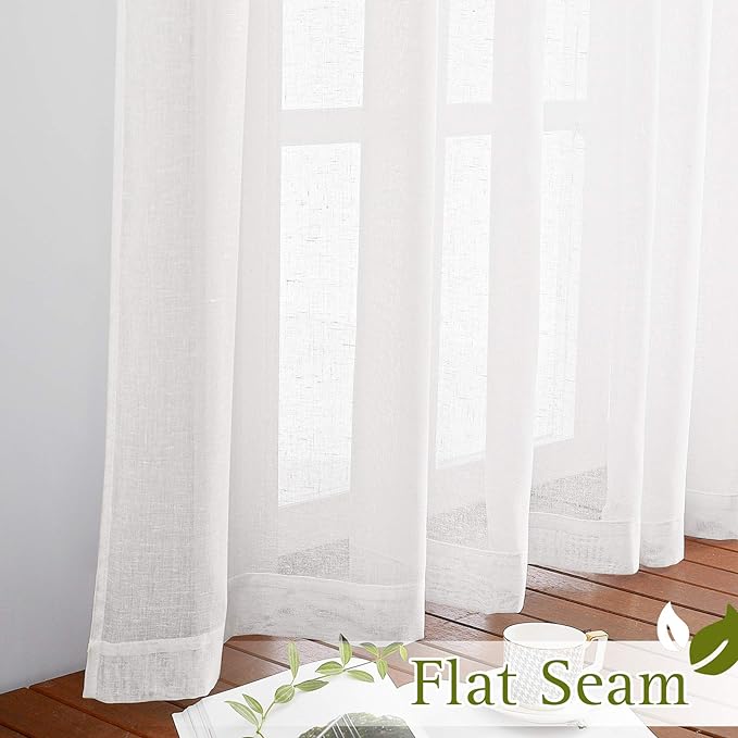 NICETOWN Linen Textured White Sheer Curtains for Living Room, Privacy Chic Sheer Curtains Window Treatment Semi Privacy Drapes for Farmhouse/Cottage, W52 x L120, 1 Pair