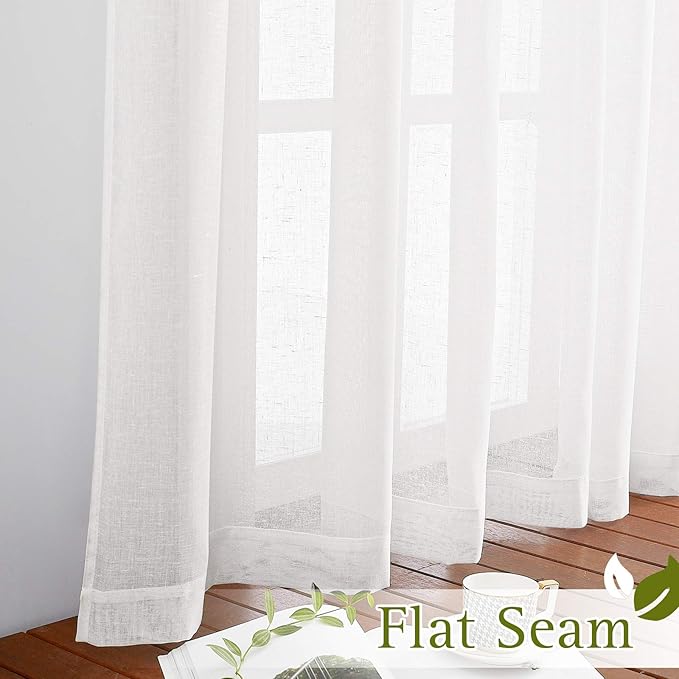 NICETOWN White Sheer Linen Curtains for Living Room 84 inch Length 2 Panels Set, Grommet Semi Sheer Privacy with Light Filtering Flax Window Treatments for Bedroom, W52 x L84