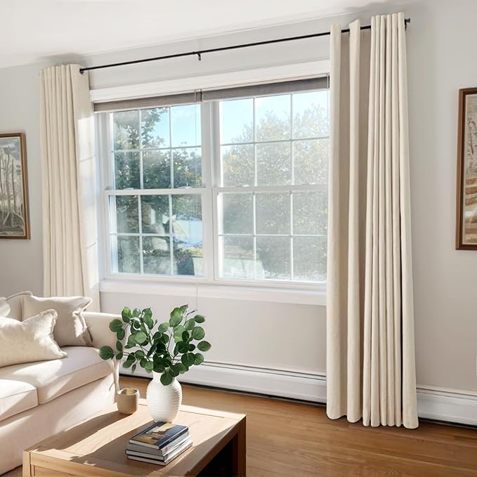 100% Blackout Shield Linen Blackout Curtains for Bedroom, Butter Cream Grommet Curtains for Living Room, Thermal Insulated Room Darkening Drapes for Nursery, Boho Home Decor, 50" W x 84" L, 2 Panels