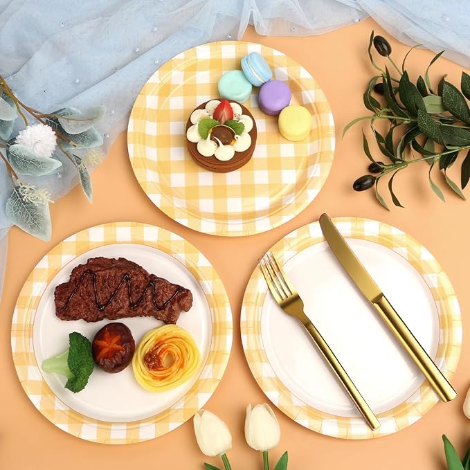 32 Pcs Yellow Gingham Party Plates - 9 Inch Checkered Plaid Dessert Plates Disposable Yellow and White Paper Plate - For Picnic BBQ Birthday Dinner Party Supplies