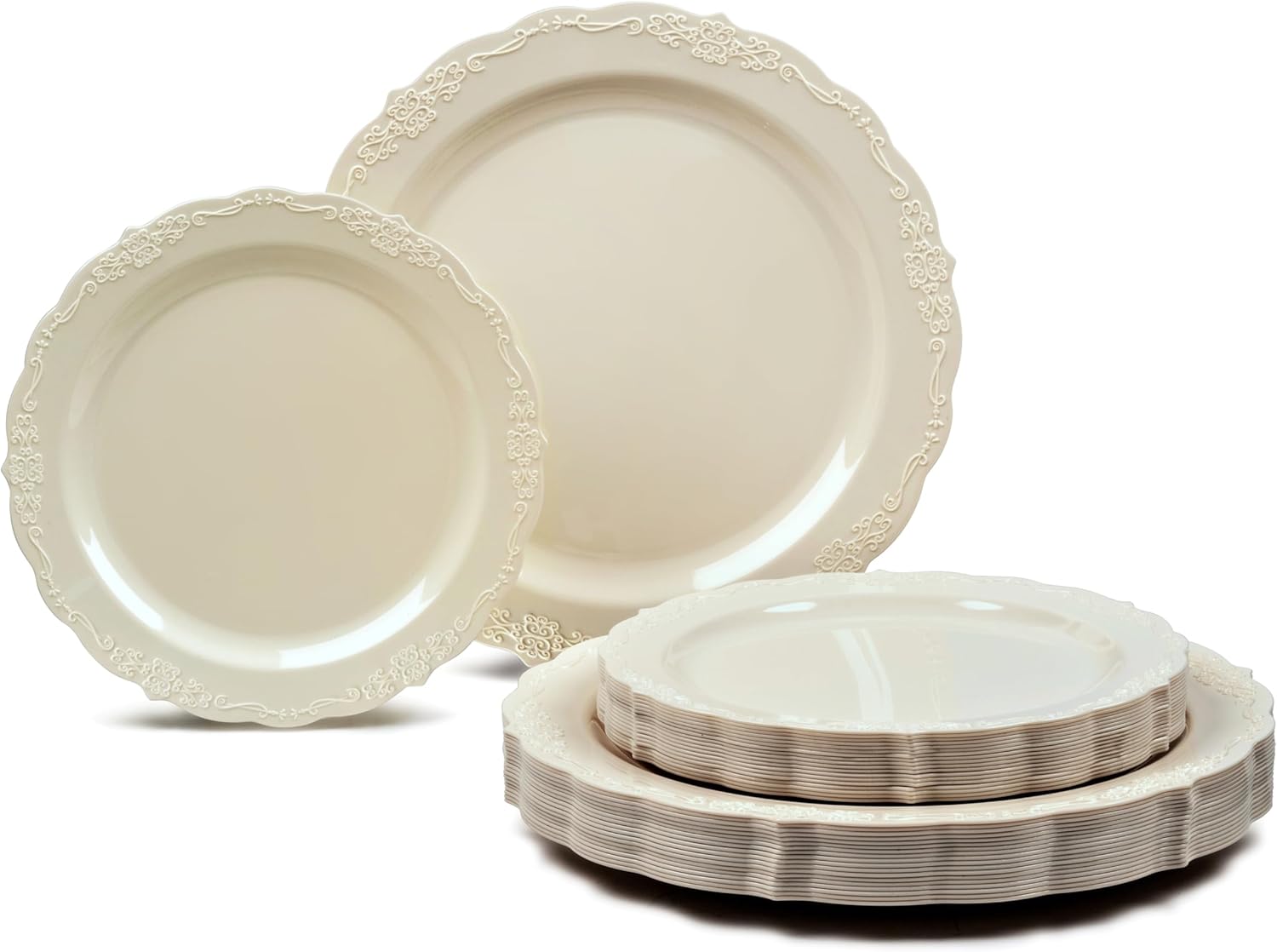 " OCCASIONS " 240 Plates Pack,(120 Guests) Vintage Wedding Party Disposable Plastic Plates Set -120 x 10'' Dinner + 120 x 7.5'' Salad/Dessert (Verona Plain Ivory)