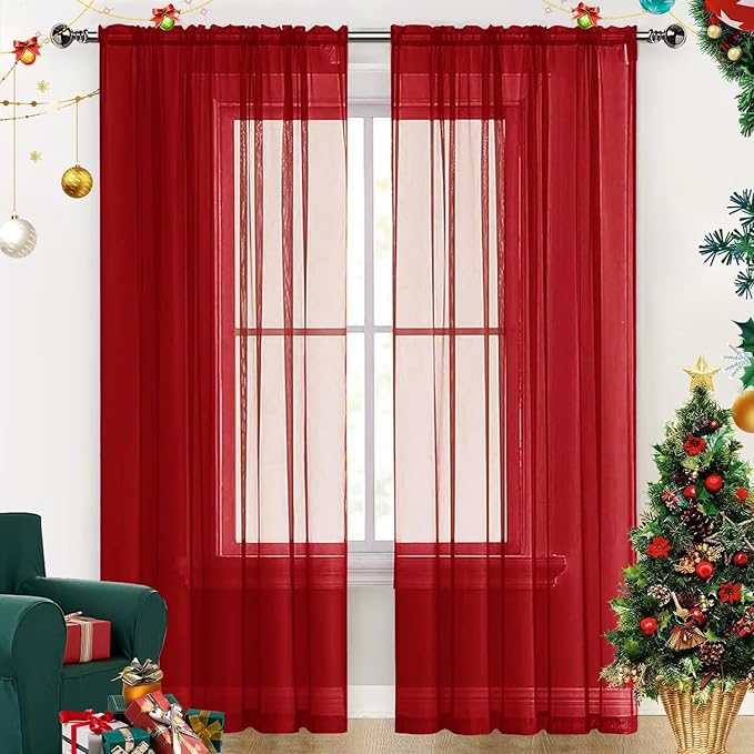 SpaceDresser Sheer Voile Window Treatment Rod Pocket Curtain Panels for Kitchen Bedroom Living Room Drapes Sunlight Filtering Privacy Semi Home Decor Assorted Colors Sizes (Christmas Red, 52 W x 63 L)