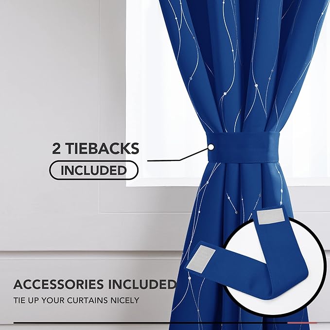 Deconovo Blackout Curtains, 42 x 63 Inch Drapes for Living Room with Wave Dots Silver Print, Soundproof Thermal Insulated Window Curtain for Bedroom Nursery, Set of 2, Machine Washable, Royal Blue