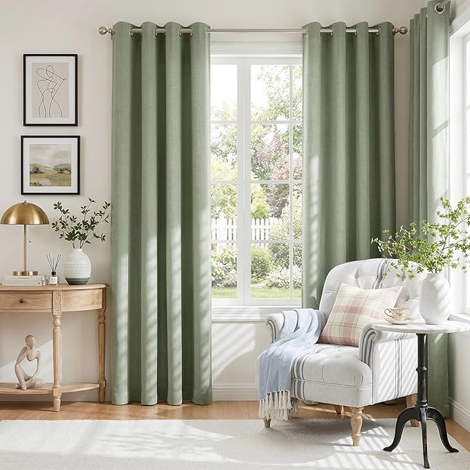 100% Blackout Shield Linen Blackout Curtains for Bedroom, Sage Green Grommet Curtains for Living Room, Thermal Insulated Room Darkening Drapes for Nursery, Boho Home Decor, 50" W x 96" L, 2 Panels
