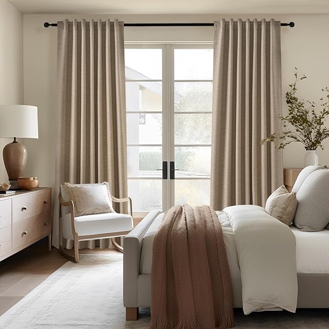 Topfinel Taupe Burlap Linen Blackout Curtains & Drapes 86 Inch Length 2 Panels Set Dark Flax Linen Brown Tan Room Darkening Soundproof Cabin Curtains with Hooks Rings for Bedroom Living Room