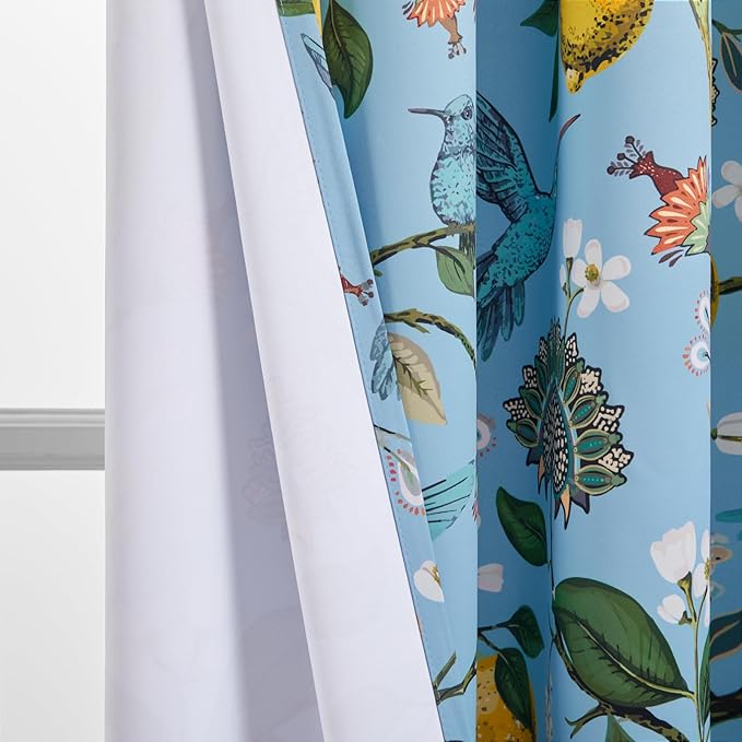 Topfinel Sliding Door Patio Floral Curtains & Drapes, Blackout Extra Wide Room Divider Large Blue Vintage Farmhouse Country Hummingbird Patterned Grommet Curtains 1 Single Panels W100 x L84