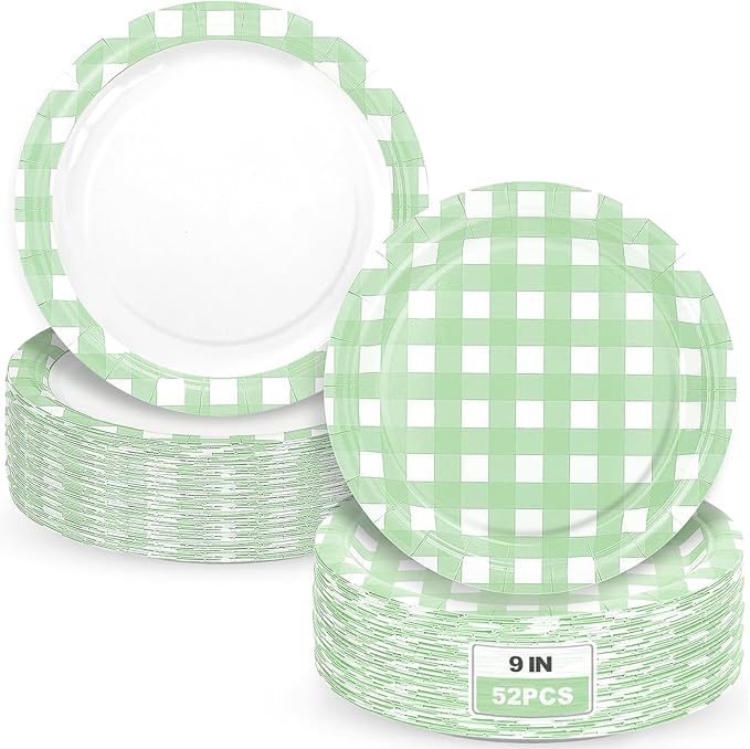 52 Pcs Green Gingham Party Plates - 9 Inch Checkered Plaid Dessert Plates Disposable Green and White Paper Plate - For Picnic BBQ Birthday Dinner Party Supplies