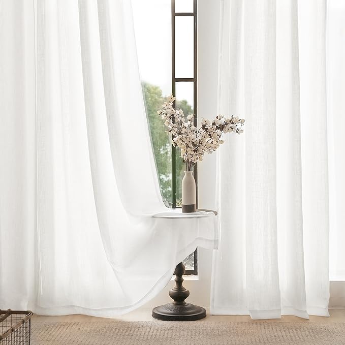 Extra Long White Curtain 120 inches Long 2 Panels Set Back Tab Light Filtering Cotton Textured Curtain Modern Farmhouse Coastal Decor White Linen Drapes 120 inch Length for Large Window 10 FT 42x120