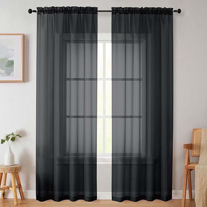 Sheer Black Curtains for Bedroom Living Room 90 Inches Long 2 Panels Set, Soft Airy Light Filtering Sheer Window Treatments, Modern Rod Pocket Curtains Drapes, Each 42" Wx90 L Inch