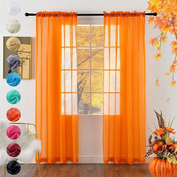 youleyar Solid Sheer Rod Pocket Curtain Voile Draperies 2 Panels Orange Beige Black Grey Coffee 70 Inch Width 84 Inch Long 1 Pair for Kitchen Bedroom Children Living Room Yard(Orange,70Wｘ84L)