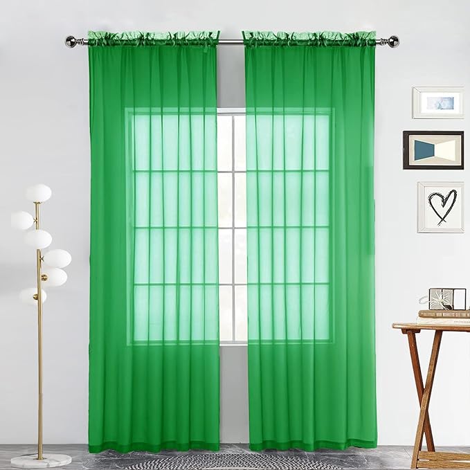 SpaceDresser Sheer Voile Window Treatment Rod Pocket Curtain Panels for Kitchen Bedroom Living Room Drapes Sunlight Filtering Privacy Semi Home Decor Assorted Colors Sizes (Green, 52 W x 72 L)