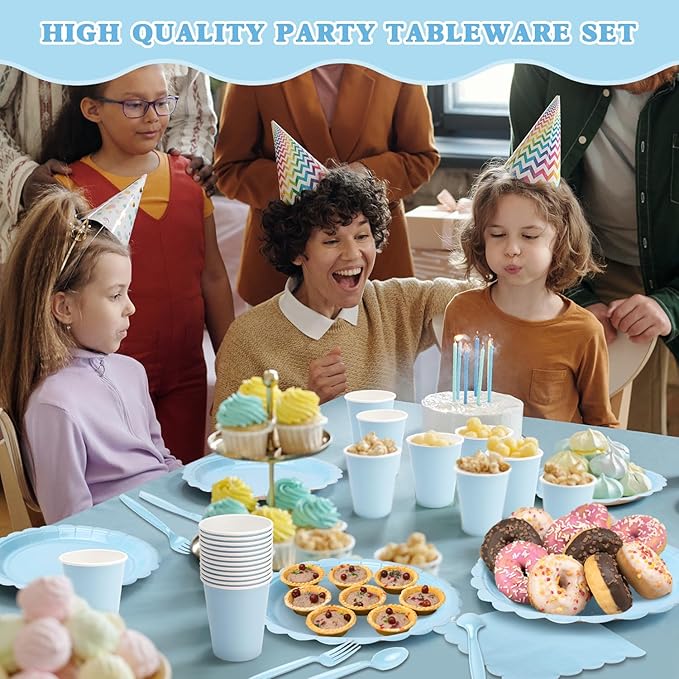 Vyntra 350 PCS Disposable Plates for Party, Paper Plates & Napkins Set with Cups, Knives, Forks, Spoons, 7'' Dessert and 9'' Dinner Plates for Baby Shower, Boy Birthday - Light Blue