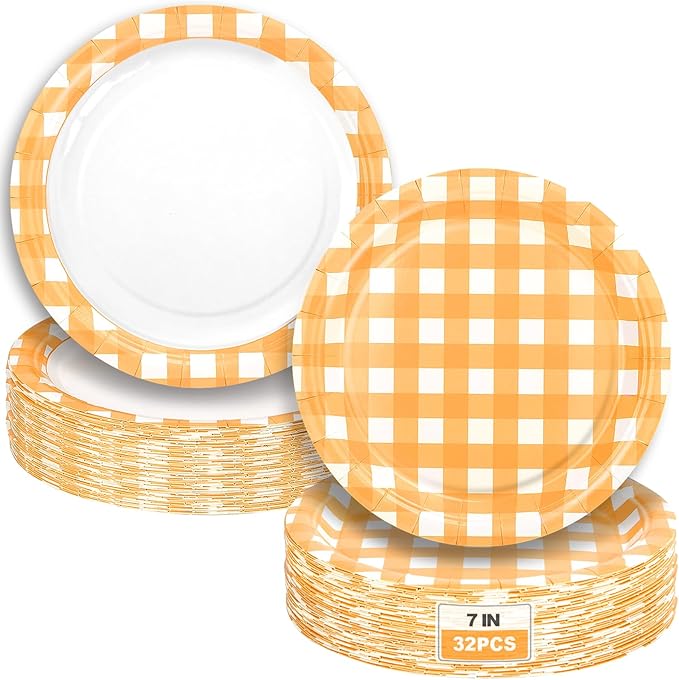 32 Pcs Orange Gingham Party Plates - 7 Inch Checkered Plaid Dessert Plates Disposable Orange and White Paper Plate - For Picnic BBQ Birthday Dinner Party Supplies
