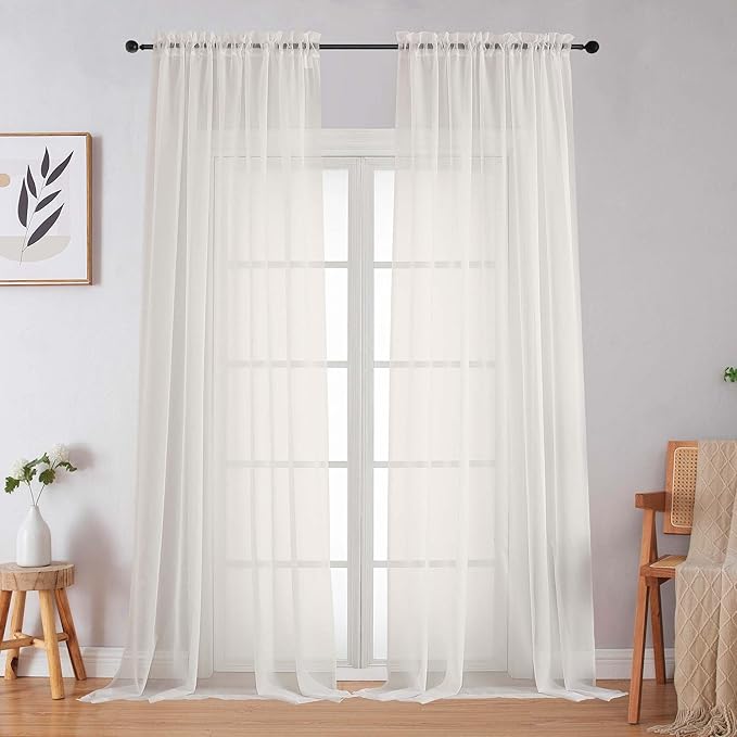 Ivory Sheer Curtains for Bedroom Living Room 96 Inches Long 2 Panels, Modern Airy Soft Lightweight Rod Pocket Light Filtering Sheer Curtains Drapes, Ivory, Each 59" Wx96 L Inch