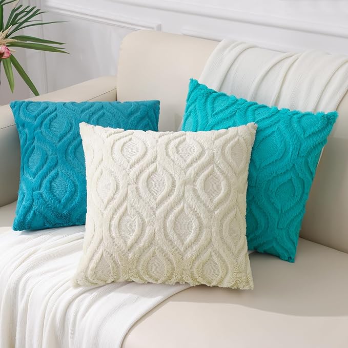 decorUhome Summer Throw Pillow Covers 12x20 Inch Set of 2, Soft Plush Faux Wool Turquoise Solid Couch Pillow Covers, Accent Farmhouse Neutral Rectangle Pillow Cases for Sofa Bed Living Room