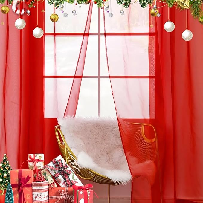 youleyar Solid Sheer Rod Pocket Curtain Voile Draperies 4 Panels White Beige Black Grey Ivory 52 Inch Width 90 Inch Long 1 Pair for Kitchen Bedroom Children Living Room Yard(Red,52 Wｘ90 L)