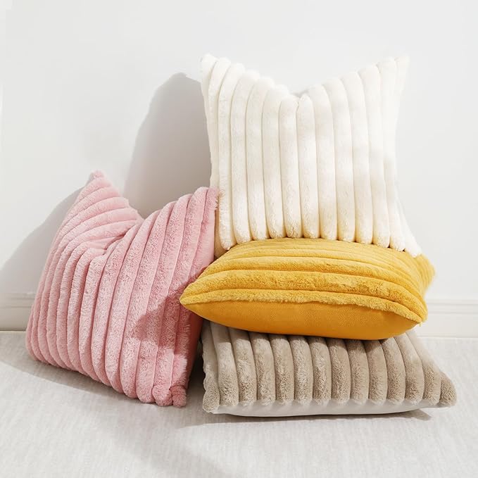 decorUhome Summer Cozy Faux Fur Throw Pillow Covers 22x22 Set of 2 Decorative Plush Striped Modern Farmhouse Boho Couch Euro Sham Pillow Cases with Velvet Back for Sofa Bed Living Room, Mustard Yellow