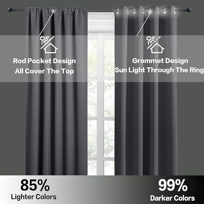 RYB HOME Short Blackout Curtains for Bedroom, Room Darkening Insulated Summer Heat Light UV Blocking Energy Saving Drapes for Nursery, Width 34 by Length 45, Grey, Set of 2
