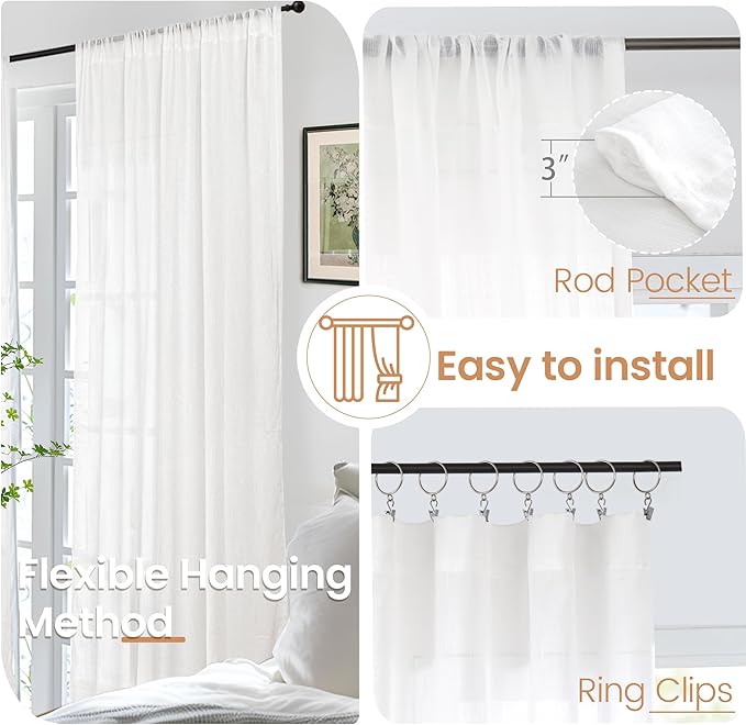 BGment 45 Inch Length White Linen Curtains for Short Window - Rod Pocket Small Semi Sheer Drapes Light Filtering for Cafe Kitchen Bedroom Lightweight Natural Rustic, 2 Panels Set, 30 X 45 Inch