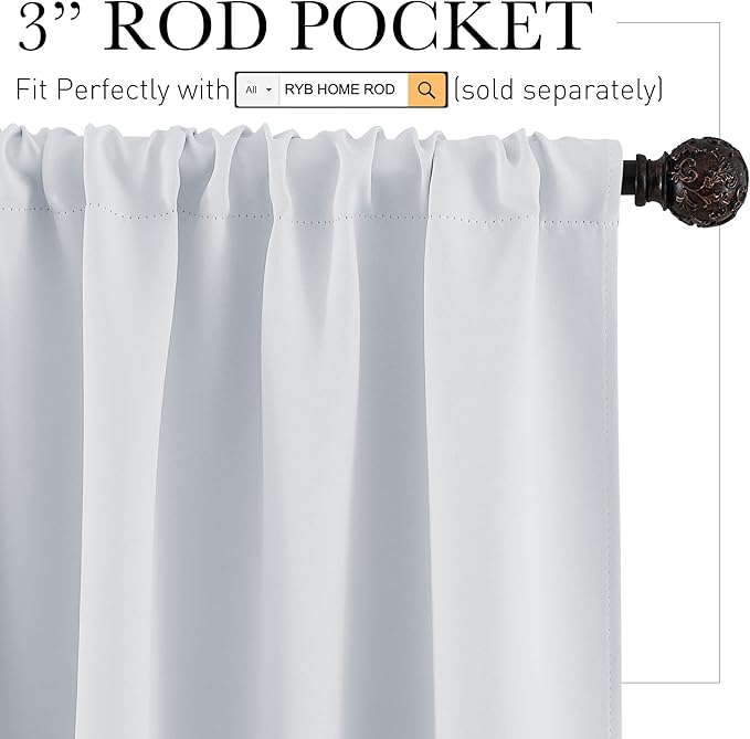 RYB HOME 54 inch Curtains for Living Room, Rod Pocket Thermal Insulated Small Window Drapes Room Darkening Shades for Bedroom Studio Dorm, W 42 x L 54 inch, Set of 2 Panels, Greyish White