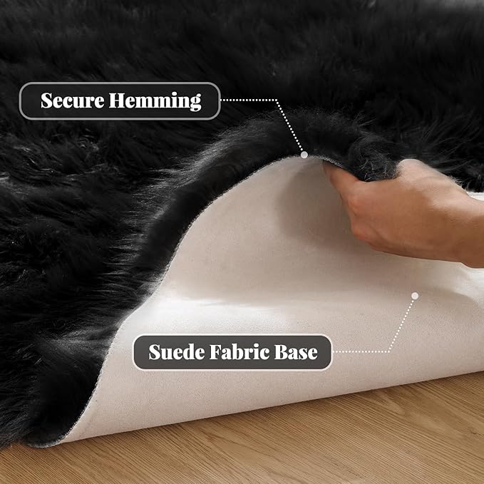 ORINOVA Washable Area Rugs 9x12 Living Room Large Black Faux Sheepskin Shaggy Fur Rug for Nursery Fluffy Rug for Bedroom Rectangle