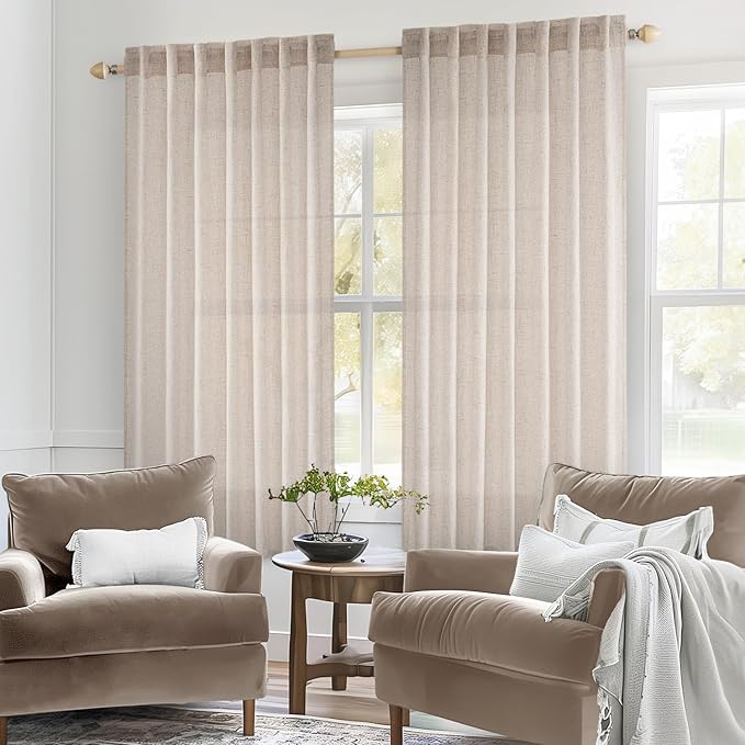 MIULEE Natural White Linen Curtains 60 Inch Length 2 Panels for Bedroom Living Room, Soft Thick Linen Textured Window Drapes Semi Sheer Light Filtering Back Tab Rod Pocket Burlap Look Decor