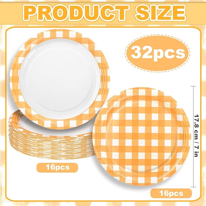 32 Pcs Orange Gingham Party Plates - 7 Inch Checkered Plaid Dessert Plates Disposable Orange and White Paper Plate - For Picnic BBQ Birthday Dinner Party Supplies