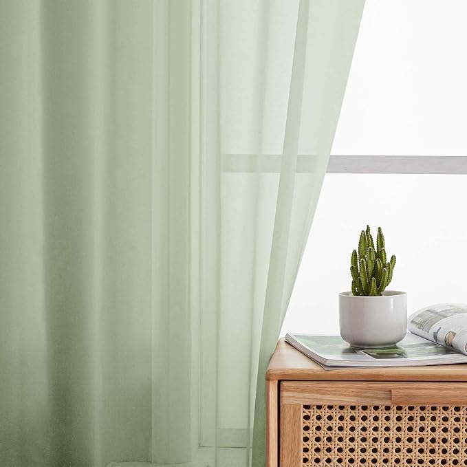Light Green Kitchen Curtains 30 Inch Length Tier 2 PCS, Solid Soft Airy Half Curtains for Windows, Sheer Rod Pocket Drapes for Bathroom Basement Small Window, Light Green, 42" Wx30 L Inches