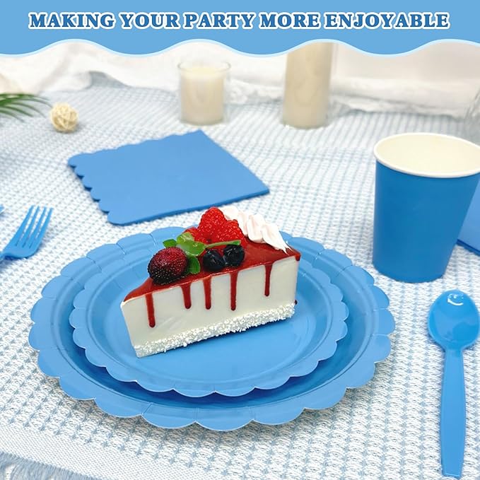 Vyntra 350 PCS Disposable Plates for Party, Paper Plates & Napkins Set with Cups, Knives, Forks, Spoons, 7'' Dessert and 9'' Dinner Plates for Birthday, Graduation, 4th of July - Blue