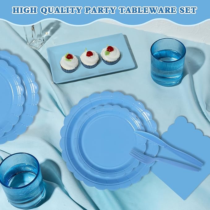 Vyntra 350 PCS Disposable Plates for Party, Paper Plates & Napkins Set with Cups, Knives, Forks, Spoons, 7'' Dessert and 9'' Dinner Plates for Birthday, Graduation, 4th of July - Blue