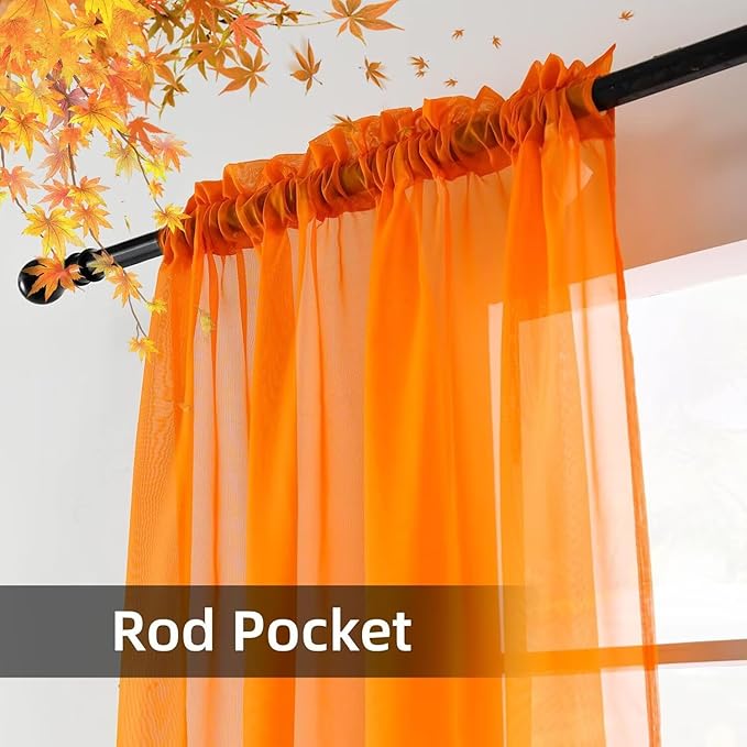 youleyar Solid Sheer Rod Pocket Curtain Voile Draperies 4 Panels White Beige Black Grey Ivory 52 Inch Width 54 Inch Long 1 Pair for Kitchen Bedroom Children Living Room Yard(Orange,52 Wｘ54 L)