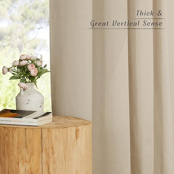 NICETOWN Thick Linen Blend Curtains Flax Textured for Bedroom, Rustic Grommet Semi Sheer Privacy Added Window Curtains & Drapes Light Filtering for Nursery, Angora, W42 x L63, Set of 2