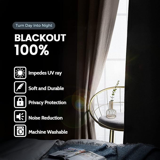 SimpleHome 100% Blackout Curtains for Bedroom,Thermal Insulated Cream Grommet Window Drapes Room Darkening Curtains for Living Room with Black Back,52 x 90 Inch,2 Panels