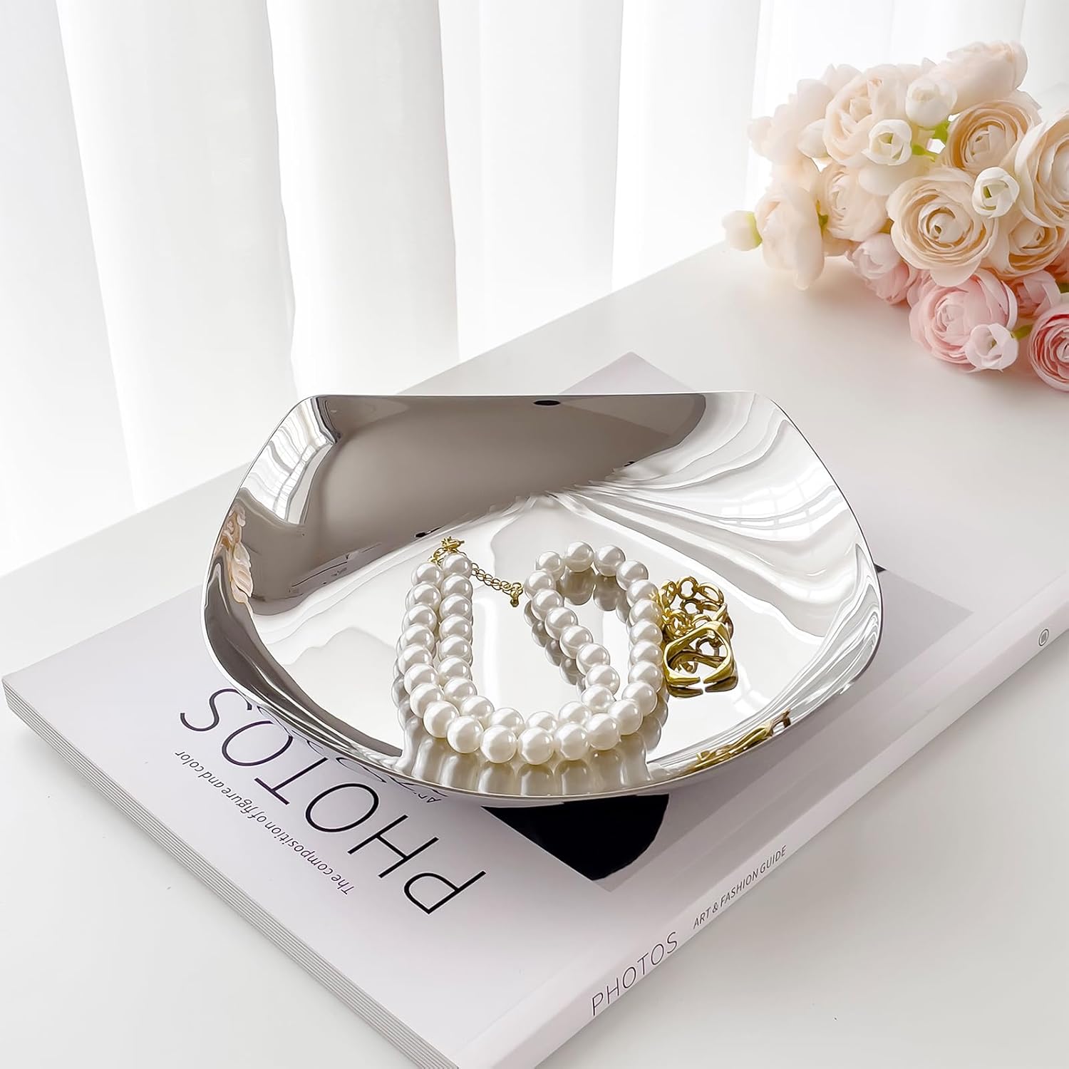 Premium Candy Bowl, Stanless Steel Decorative Bowl,Candy Dish for Office Desk, Key Bowl For Entryway Table, Silver Tray-Hand Mirror Polished -7.8 Inches