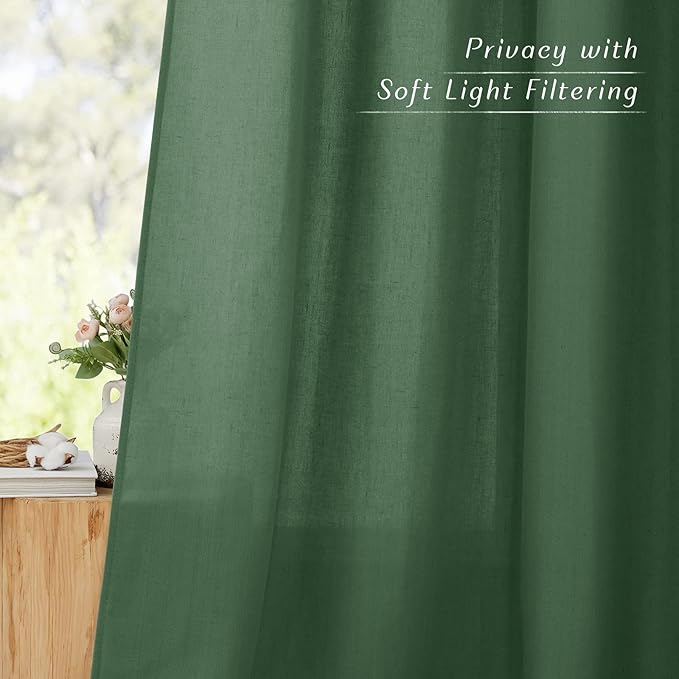NICETOWN Thick Linen Olive Green Curtains for Bedroom, Grommet Window Treatment Privacy Added with Light Filtering Flax Linen Blend Drapes for Nursery, 2 Panels, W55 x L63