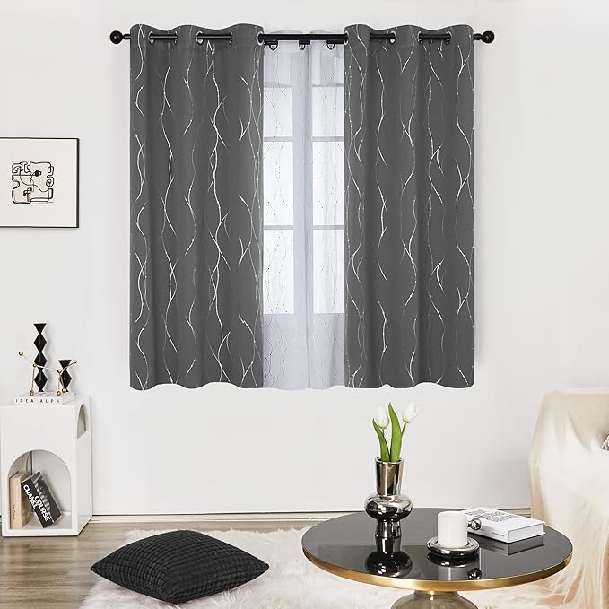 Deconovo Blackout Curtains, Grey Curtains, Thermal Insulated Soundproof Grommet Drapes, Silver Wave Dot Foil Print, 42 x 63 Inch, 2 Panels, Machine Washable Window Panel for Living Room Bedroom Office