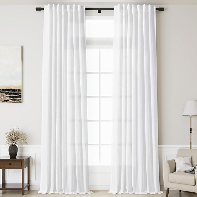 Nanspring Linen White Curtains for Living Room 2 Panels Set Extra Long Back Tab Light Filtering Semi Sheer Drapes Modern Farmhouse Decor Linen Textured Curtain for Floor to Ceiling Window 52x131