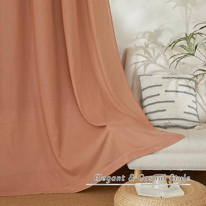 NICETOWN Flax Linen Terracotta Curtains for Bedroom, Grommet Thick Flax Semi Sheer Elegant & Casual Drapes Privacy Assured with Light Filtering for Girls Princess Room, W55 x L84, 2 Pieces