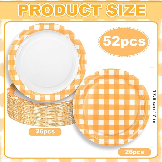 52 Pcs Orange Gingham Party Plates - 7 Inch Checkered Plaid Dessert Plates Disposable Orange and White Paper Plate - For Picnic BBQ Birthday Dinner Party Supplies